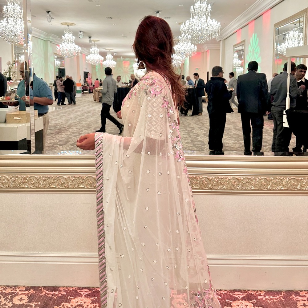 White saree with sequin and pink floral design